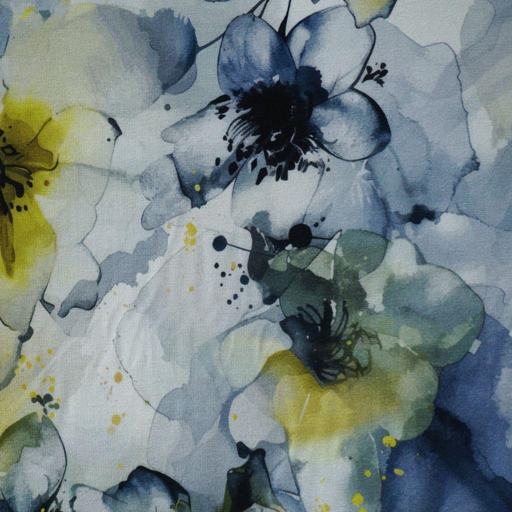 Viskosejersey Blüten grau gelb - Avalana ECOVERO™